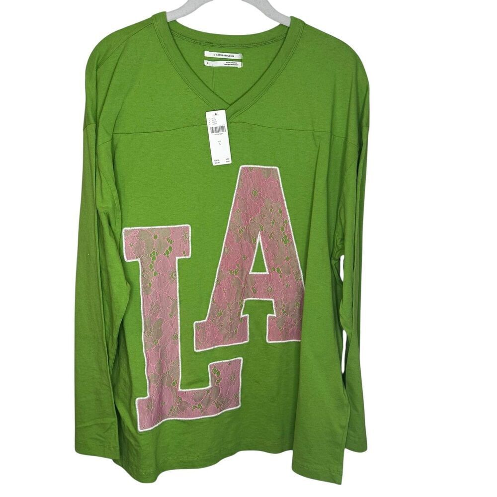 By Anthropologie Shirt Womens Small Green LA Lace V-Neck Long Sleeve Tee